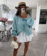 Einfarbiger Rundhals-Lace-Up-Cardigan – Hellblau