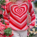 Damen nan oversized Strickpullover mit Herz-Intarsie und Chevron-Muster Drune – Rot