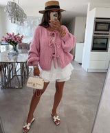 Einfarbiger Rundhals-Lace-Up-Cardigan – Rosa