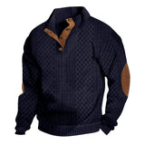 Herren nan grobstrukturierter Halfzip-Strickpullover mit kontrastreicher Knopfleiste und Ellbogenpatches Drune – Navyblau