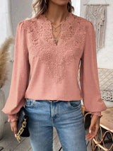 Damen nan Spitzenapplikation V-Ausschnitt Bluse mit Strukturpunkt, gerafften Manschetten und leicht taillierter Silhouette Drune – Rosa