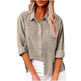 Damen nan oversized Leinen-Baumwollmix Hemdbluse mit Brusttasche und krempelbaren Ärmeln Drune – Khaki