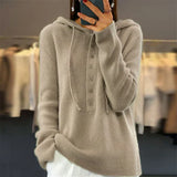 Tyra – pullover mit lockerer kapuze und strickpullover mit schnürverschluss – Kamel