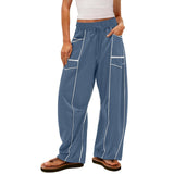 Damen nan weite Lounge-Hose mit Kordelzug, Kontrastpaspelierung und Cargo-Taschen Drune – Pfauenblau