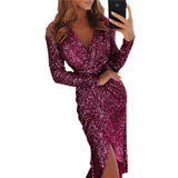 Damen nan glitzerndes Wickel-Midikleid mit V-Ausschnitt langen Ärmeln seitlichem Beinschlitz Drune – Violett