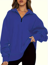 Damen nan Oversized Sweatshirt mit Kurzreißverschluss, Stehkragen und Kängurutasche Drune – Mehrfarbiges Blau