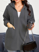Damen nan Longline-Kapuzenjacke mit durchgehendem Reißverschluss, Kängurutaschen und elastischen Bündchen Drune – Dunkelgrau