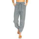 Damen nan leichte Leinenoptik Freizeit-Hose mit hohem elastischem Bund, Kordelzug, aufgesetzten Taschen und elastischen Knöchelbündchen Drune – Hellgrau