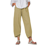 Damen nan lockere Leinenhose mit hohem Bund, Tulpen-Saum und seitlichen Eingrifftaschen Drune – Khaki