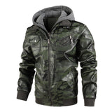 Herren Camouflage Lederjacke mit Kapuze und Taschen – Dunkelgrün