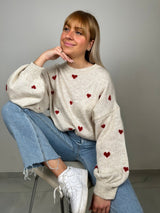 Damen nan oversized Strickpullover mit Herzintarsien und Ballonärmeln Drune – Rotes Herz