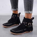 Damen nan Fransen-Mokassin-Stiefelette mit Ziergurt, Schnalle und weicher Gummisohle Drune – Schwarz