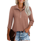 Damen nan lässige Bluse mit Reißverschlusskragen dreiviertelärmel und ausgestelltem Saum Drune – Korallenrot