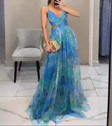Dinushi - Elegantes Maxikleid Mit Blumenmuster – Blau
