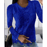 Damen nan figurbetonte Spitzenbluse mit floraler Allover-Spitze, Langarm und gezacktem Saum Drune – Blau