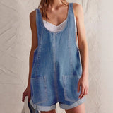 Leni | Damen Jeans-Overall Kurz Ärmellos Weiter Ausschnitt – Hellblau