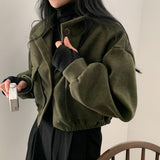 Audrey | Kurze Wolljacke Mit Stehkragen Und Lockerem Schnitt – Olivgrün