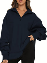 Damen nan Oversized Sweatshirt mit Kurzreißverschluss, Stehkragen und Kängurutasche Drune – Tiefblau