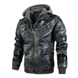 Herren Camouflage Lederjacke mit Kapuze und Taschen – Dunkelblau
