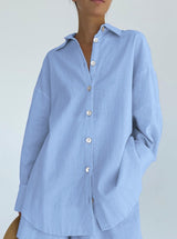 Damen Baumwollset mit Oversized-Bluse und lockerer Hose – Blau
