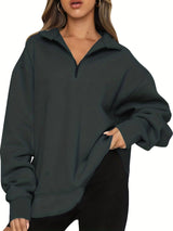 Damen nan Oversized Sweatshirt mit Kurzreißverschluss, Stehkragen und Kängurutasche Drune – Dunkelgrau