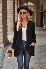 Damen nan langer gerippter Cardigan mit aufgesetzten Taschen und offener Front Drune – Schwarz