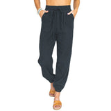 Damen nan leichte Leinenoptik Freizeit-Hose mit hohem elastischem Bund, Kordelzug, aufgesetzten Taschen und elastischen Knöchelbündchen Drune – Dunkelgrau