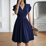 Eleganza™ – Damen Midikleid mit V-Ausschnitt für Elegante Anlässe – Marineblau