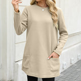 Damen nan legeres Fleece-Tunika-Kleid mit Rundhalsausschnitt und aufgesetzten Taschen Drune – Apricot