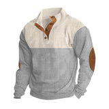 Herren nan gerippter Pullover mit Stehkragen, Knopfleiste und Ellbogen-Patches Drune – Apricot + Hellgrau