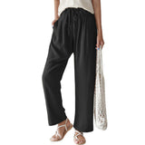 Damen nan lässige Leinenhose mit weitem Bein, elastischem Bund und Seitentaschen Drune – Schwarz