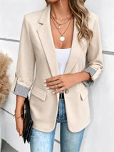 Damen nan taillierter dreiviertelarm Blazer mit Pattentaschen und umgeschlagenen Manschetten Drune – Apricot