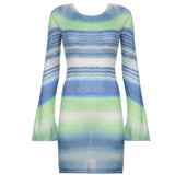 Damen nan figurbetontes Strickminikleid mit Glockenärmeln und seidig leichtem Maschenbild Drune – Blau