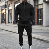 Herren nan Strick-Trainingsset mit halbem Reißverschluss, Zopfmuster-Pulli und Kordelzug-Jogger Drune – Schwarz