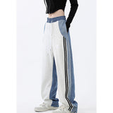 Damen nan weite Jogginghose mit hoher Taille und Jeansstoffeinsätzen sowie Seitenstreifen Drune – 21113 Weiß-Grau