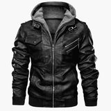 Herren Lederjacke mit abnehmbarer Kapuze und Taschen – Schwarz