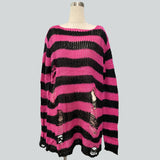Damen nan Oversized Grobstrickpullover mit breiten Blockstreifen und aufgerissenem Design Drune – Lang Fuchsia