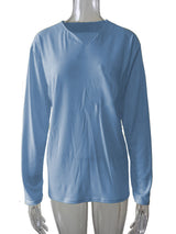 Damen nan legeres Langarmshirt mit V-Notch-Ausschnitt, Brusttasche und lockerer Oversize-Passform Drune – Blau - ohne Tasche, Langarm