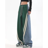 Damen nan weite Jogginghose mit hoher Taille und Jeansstoffeinsätzen sowie Seitenstreifen Drune – 20988 Grün