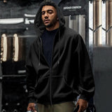 Herren nan oversized Zip-Hoodie mit durchgehendem Reißverschluss, Kängurutasche und gerippten Bündchen Drune – Schwarz