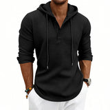 Herren nan lässiges Waffelstrick-Henley Kapuzenpullover mit Knopfleiste Drune – Schwarz