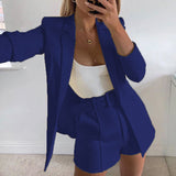 Damen nan tailliertes Longblazer-Shorts Set mit betonter Schulterpartie, hoher Taille und breitem Gürtel Drune – Marineblau