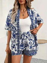Hana | Damen Kimono-Set Shorts Blumenmuster Sommer – Marineblau