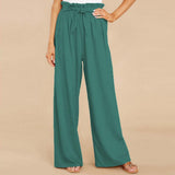 Damen nan Leinenhose mit Paperbag-Bund und weitem Bein Drune – Grün