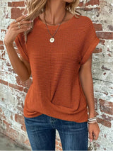 Daisy | Waffelmuster Rundhals Top – Braun-Orange