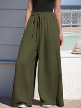 Damen nan weite Palazzo-Hose mit hohem Paperbag-Bund, elastischem Tunnelzug und vorderer Beinschlitz Drune – Olivgrün