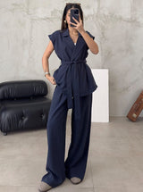 Damen Set aus Baumwollmix mit Gürtel und weiten Beinen – Sommerlich legerer Look – Dunkelblau