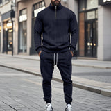 Herren nan Strick-Trainingsset mit halbem Reißverschluss, Zopfmuster-Pulli und Kordelzug-Jogger Drune – Navyblau