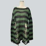 Damen nan Oversized Grobstrickpullover mit breiten Blockstreifen und aufgerissenem Design Drune – Langes Schwarzgrün