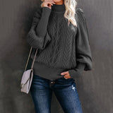 Damen nan Zopfmuster-Strickpullover mit Rollkragen und Ballonärmeln Drune – Dunkelgrau